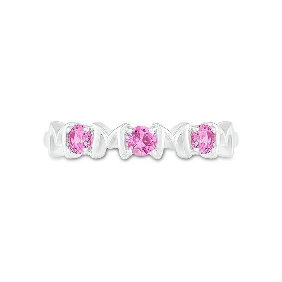 3.0mm Pink and White Lab-Created Sapphire Alternating "MOM" Triple Row Band in Sterling Silver