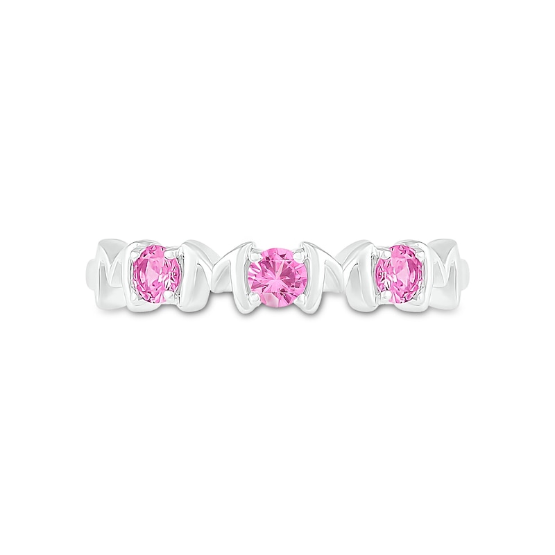 3.0mm Pink and White Lab-Created Sapphire Alternating "MOM" Triple Row Band in Sterling Silver