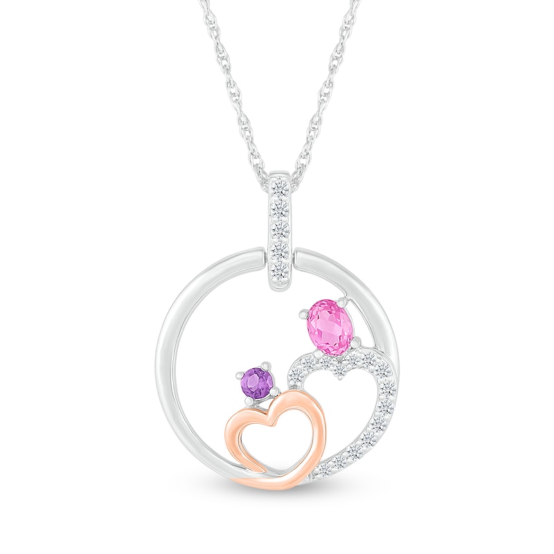 Oval Pink and White Lab-Created Sapphire with Amethyst Motherly Love Pendant in Sterling Silver and 10K Rose Gold