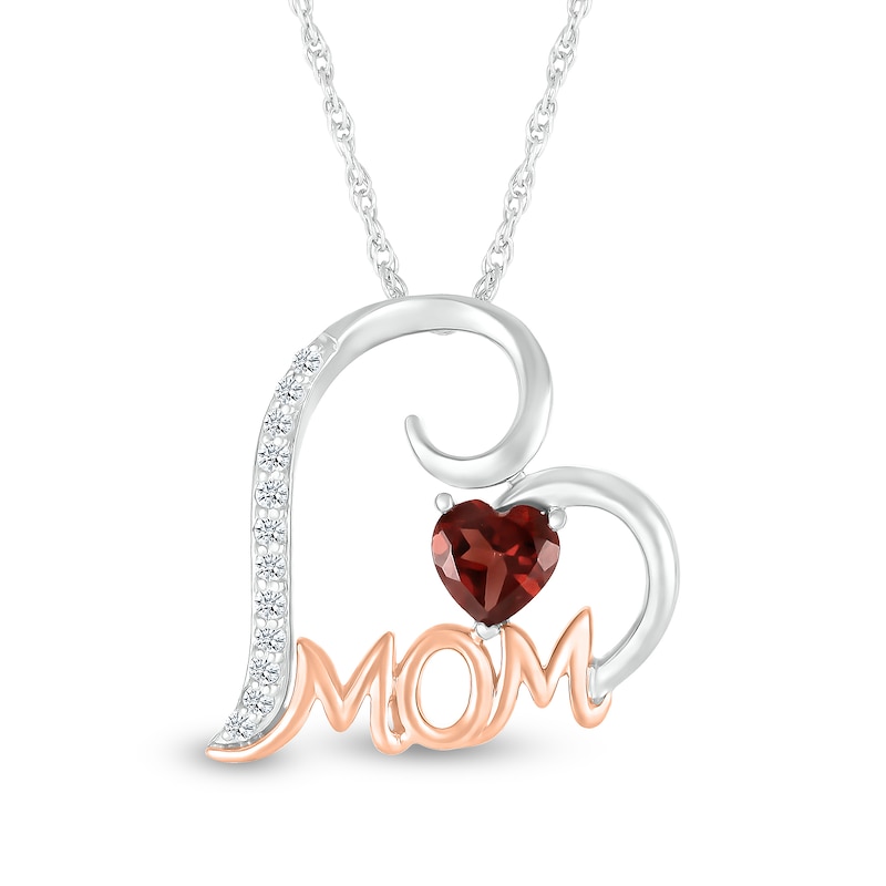 5.0mm Heart-Shaped Garnet and White Lab-Created Sapphire "MOM" Tilted Heart Pendant in Sterling Silver and 10K Rose Gold