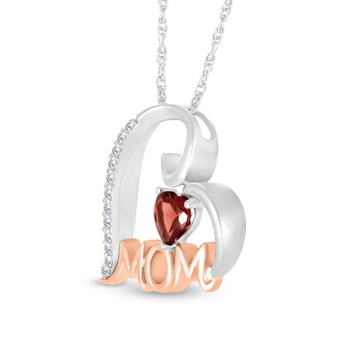 5.0mm Heart-Shaped Garnet and White Lab-Created Sapphire "MOM" Tilted Heart Pendant in Sterling Silver and 10K Rose Gold