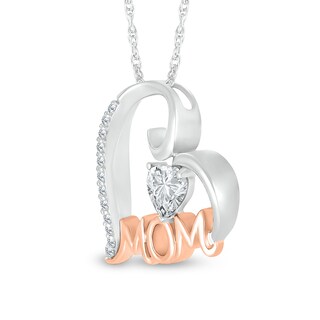 5.0mm Heart-Shaped White Lab-Created Sapphire "MOM" Tilted Heart Pendant in Sterling Silver and 10K Rose Gold