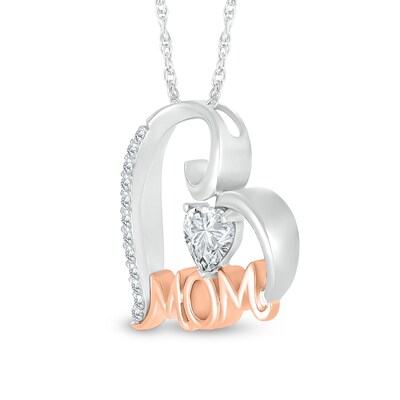 5.0mm Heart-Shaped White Lab-Created Sapphire "MOM" Tilted Heart Pendant in Sterling Silver and 10K Rose Gold