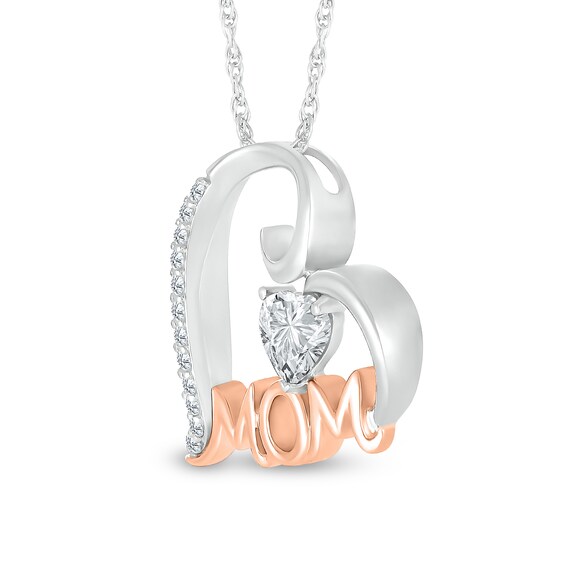 5.0mm Heart-Shaped White Lab-Created Sapphire "MOM" Tilted Heart Pendant in Sterling Silver and 10K Rose Gold