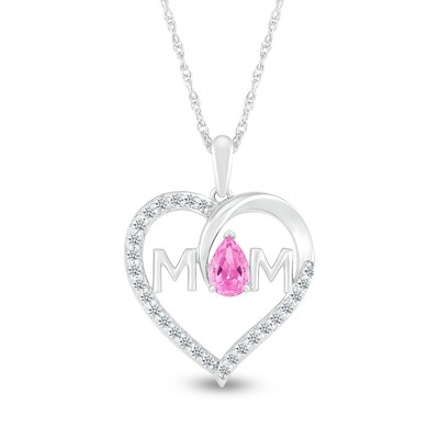 Pear-Shaped Pink and White Lab-Created Sapphire "MOM" Loop Heart Pendant in Sterling Silver