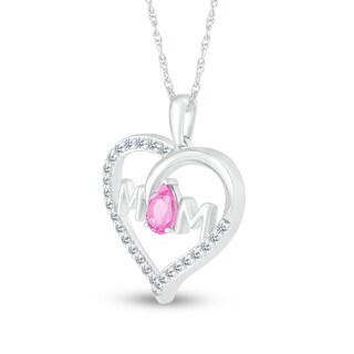 Pear-Shaped Pink and White Lab-Created Sapphire "MOM" Loop Heart Pendant in Sterling Silver