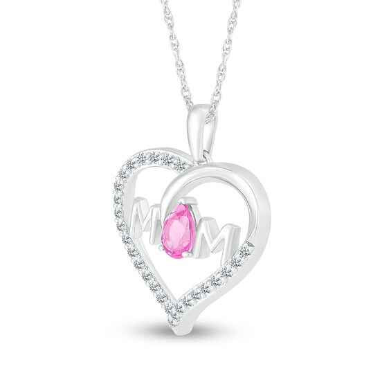 Pear-Shaped Pink and White Lab-Created Sapphire "MOM" Loop Heart Pendant in Sterling Silver