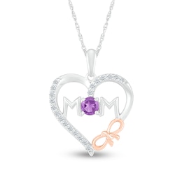 4.0mm Amethyst and White Lab-Created Sapphire "MOM" Heart with Bow Pendant in Sterling Silver and 10K Rose Gold