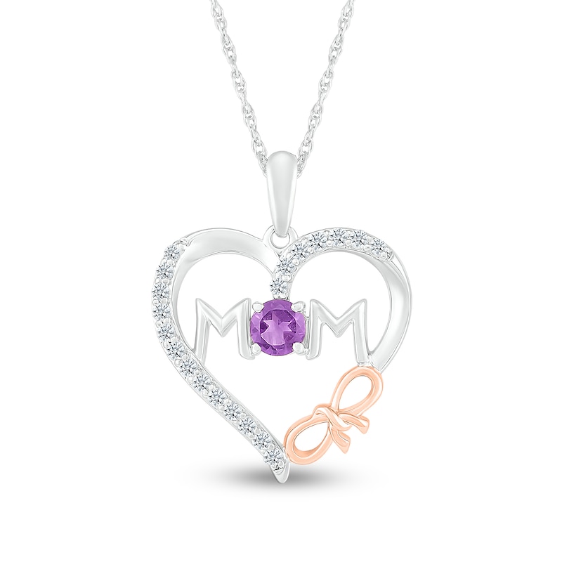 4.0mm Amethyst and White Lab-Created Sapphire "MOM" Heart with Bow Pendant in Sterling Silver and 10K Rose Gold