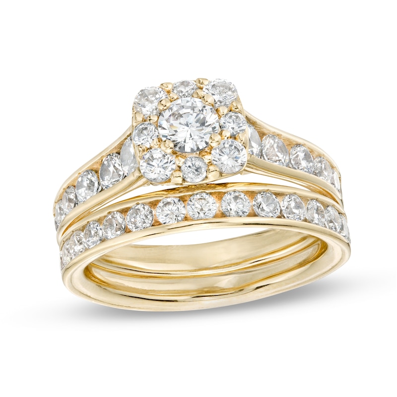 Main Image 1 of 2.00 CT. T.W. Certified Canadian Diamond Cushion-Shaped Frame Bridal Set in 14K Gold (I/I2)