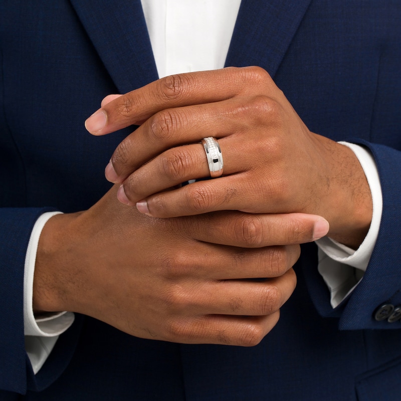 Main Image 2 of Men's 0.29 CT. T.W. Diamond Double Row Vintage-Style Wedding Band in 10K White Gold
