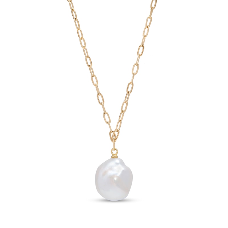 Cultured Freshwater Pearl Drop and Paper Clip Link Chain Necklace in 10K Gold