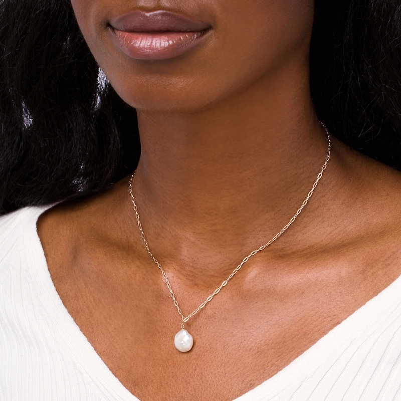 Cultured Freshwater Pearl Drop and Paper Clip Link Chain Necklace in 10K Gold