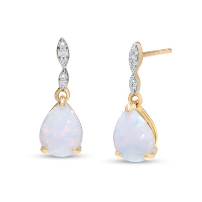 Pear-Shaped Lab-Created Opal and Diamond Accent Drop Earrings in 10K Gold