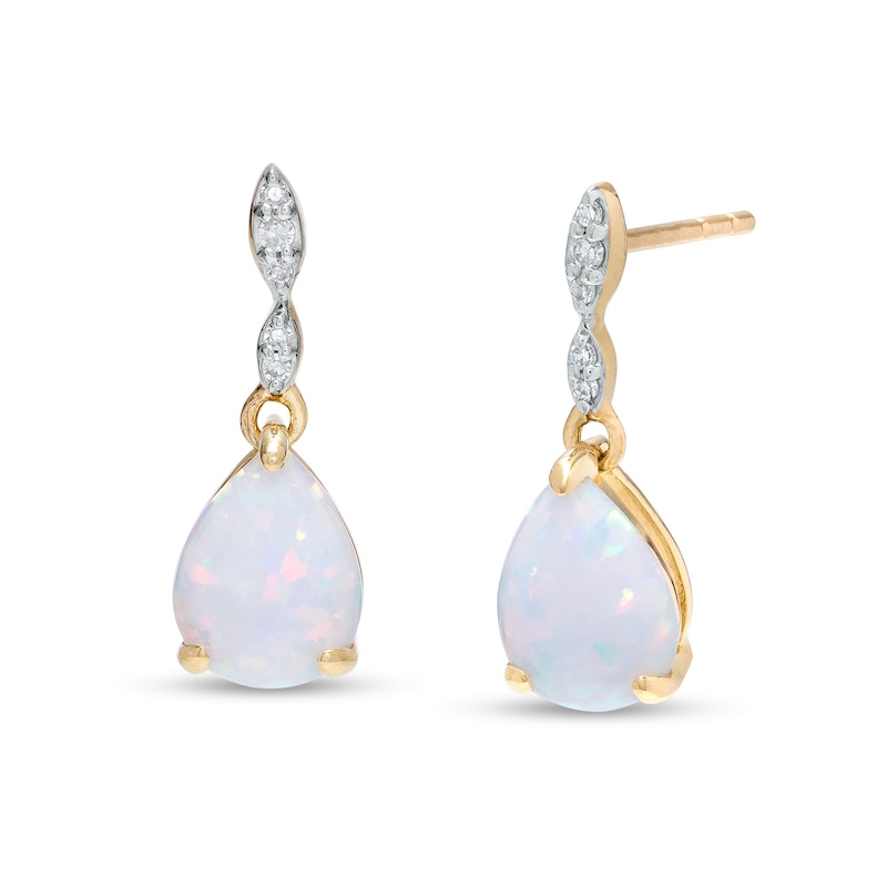 Main Image 1 of Pear-Shaped Lab-Created Opal and Diamond Accent Drop Earrings in 10K Gold