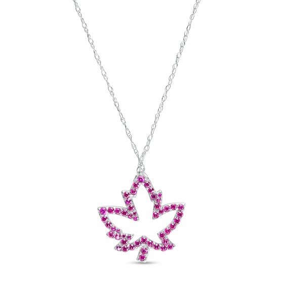 Lab-Created Ruby Maple Leaf Outline Pendant in 10K White Gold