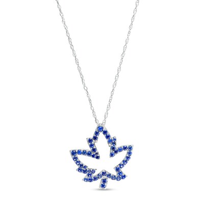 Blue Lab-Created Sapphire Maple Leaf Outline Pendant in 10K White Gold