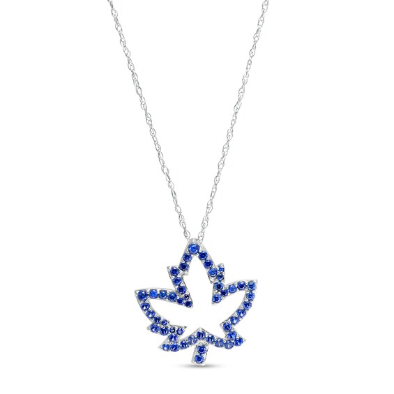 Blue Lab-Created Sapphire Maple Leaf Outline Pendant in 10K White Gold