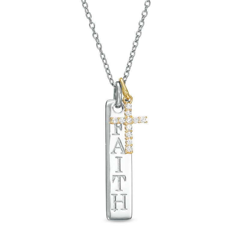 0.065 CT. T.W. Diamond Cross Charm and Linear FAITH Tag Pendant in Sterling Silver and 10K Gold