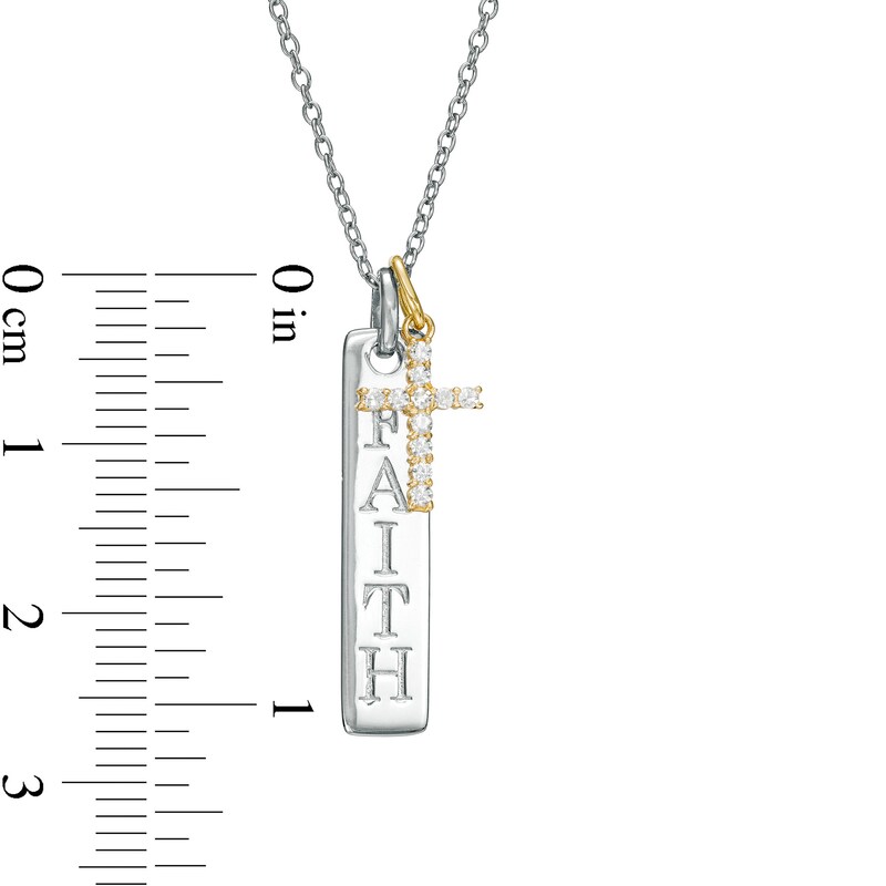 0.065 CT. T.W. Diamond Cross Charm and Linear FAITH Tag Pendant in Sterling Silver and 10K Gold