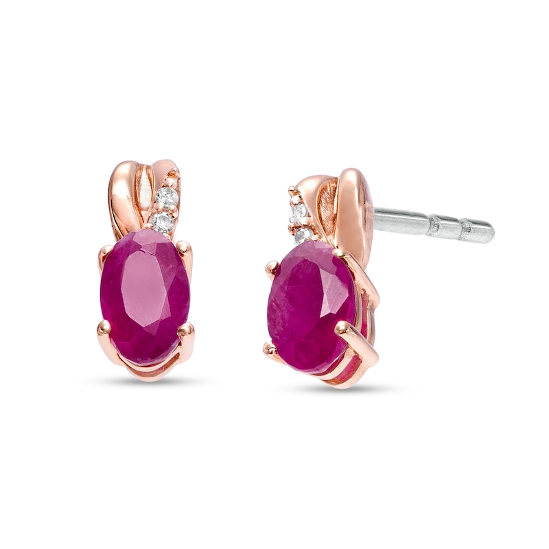Certified Oval Ruby and Diamond Accent Stud Earrings in 10K Two-Tone Gold