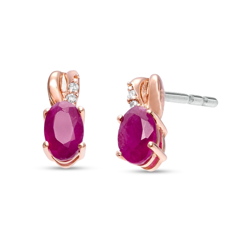 Main Image 1 of Oval Certified Ruby and Diamond Accent Stud Earrings in 10K Two-Tone Gold
