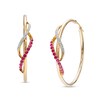 Thumbnail Image 1 of Lab-Created Ruby and 0.085 CT. T.W. Diamond Swirl Crossover Hoop Earrings in 10K Gold
