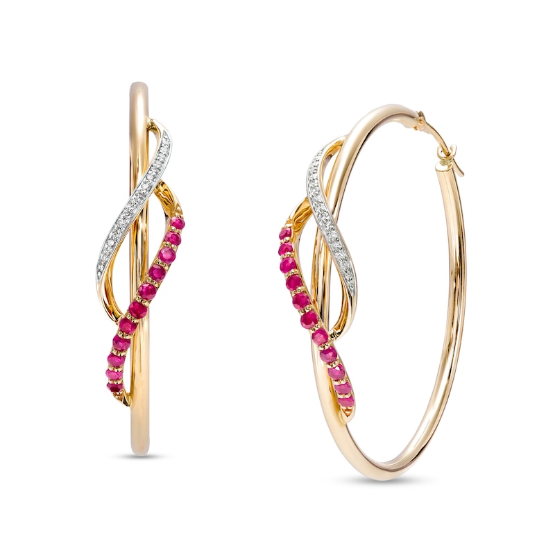 Lab-Created Ruby and 0.085 CT. T.W. Diamond Swirl Crossover Hoop Earrings in 10K Gold
