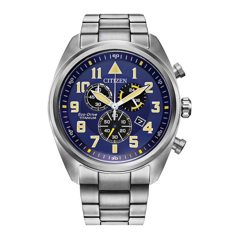 Men's Citizen Eco-Drive® Garrison Super Titanium™ Chronograph Watch with Blue Dial (Model: AT2480-57L)|Peoples Jewellers