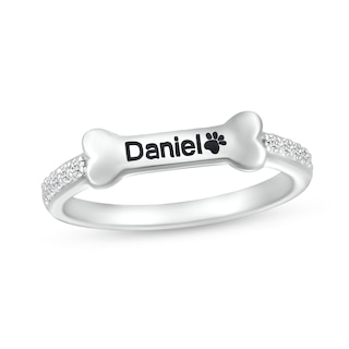 White Lab-Created Sapphire Sideways Engravable Dog Bone Ring in Sterling Silver (1 Line)