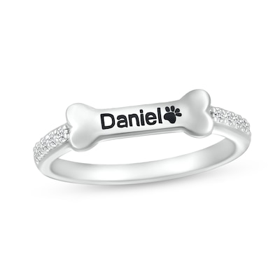 White Lab-Created Sapphire Sideways Engravable Dog Bone Ring in Sterling Silver (1 Line)