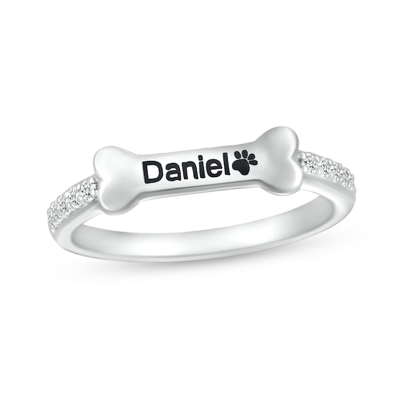 White Lab-Created Sapphire Sideways Engravable Dog Bone Ring in Sterling Silver (1 Line)