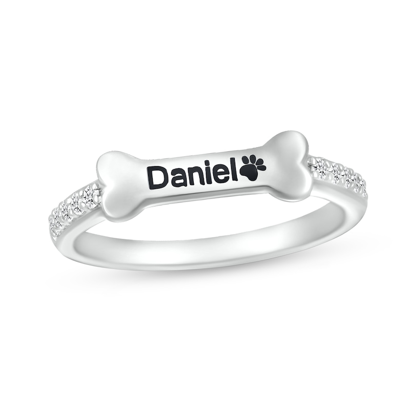 Main Image 1 of White Lab-Created Sapphire Sideways Engravable Dog Bone Ring in Sterling Silver (1 Line)