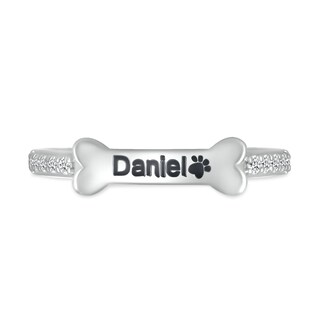 White Lab-Created Sapphire Sideways Engravable Dog Bone Ring in Sterling Silver (1 Line)