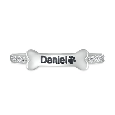 White Lab-Created Sapphire Sideways Engravable Dog Bone Ring in Sterling Silver (1 Line)