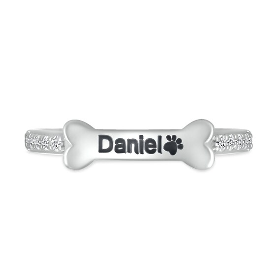 White Lab-Created Sapphire Sideways Engravable Dog Bone Ring in Sterling Silver (1 Line)