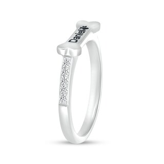 White Lab-Created Sapphire Sideways Engravable Dog Bone Ring in Sterling Silver (1 Line)