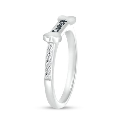 White Lab-Created Sapphire Sideways Engravable Dog Bone Ring in Sterling Silver (1 Line)