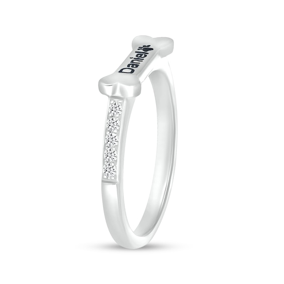 White Lab-Created Sapphire Sideways Engravable Dog Bone Ring in Sterling Silver (1 Line)