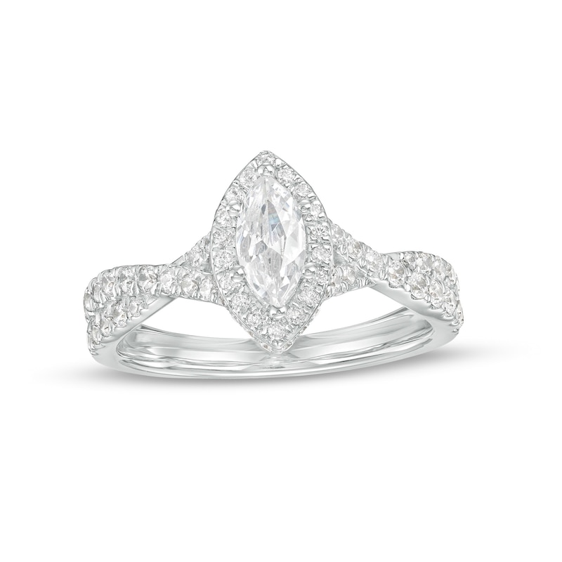 Main Image 1 of 1.00 CT. T.W. Certified Canadian Marquise Diamond Frame Twist Shank Engagement Ring in 14K White Gold (I/SI2)