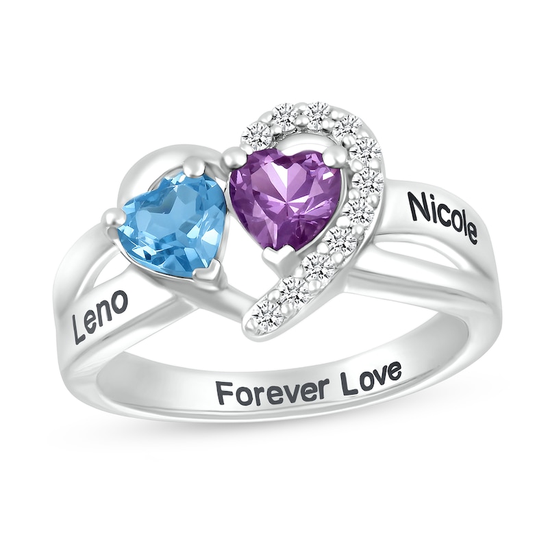 Couple's Simulated Gemstone and Lab-Created White Sapphire Heart Frame Ring in Sterling Silver (2 Stones and 3 Lines)