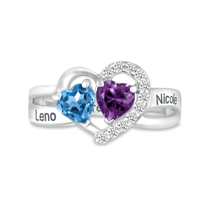 Couple's Simulated Gemstone and Lab-Created White Sapphire Heart Frame Ring in Sterling Silver (2 Stones and 3 Lines)