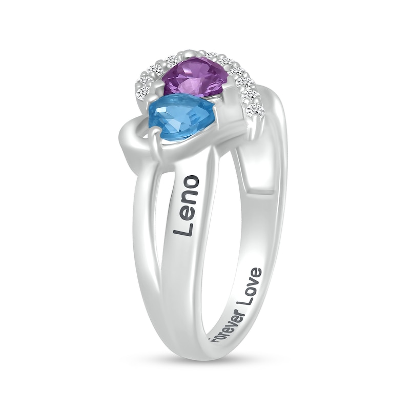 Couple's Simulated Gemstone and Lab-Created White Sapphire Heart Frame Ring in Sterling Silver (2 Stones and 3 Lines)