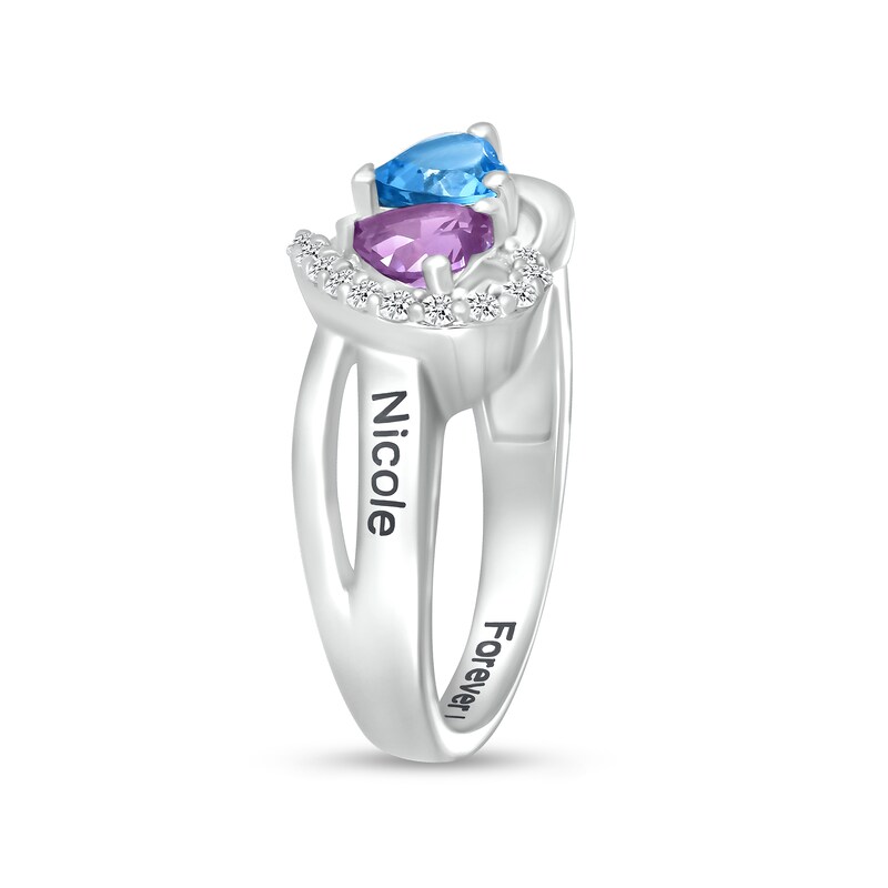 Couple's Simulated Gemstone and Lab-Created White Sapphire Heart Frame Ring in Sterling Silver (2 Stones and 3 Lines)
