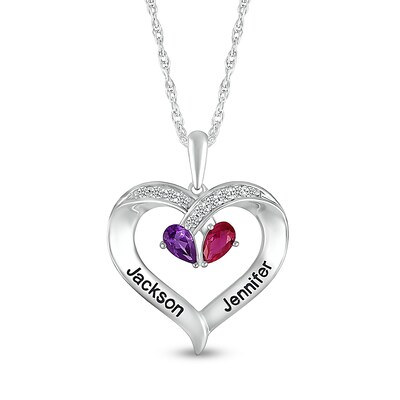 Pear-Shaped Simulated Gemstone and Lab-Created White Sapphire Heart Pendant in Sterling Silver (2 Stones and Lines)