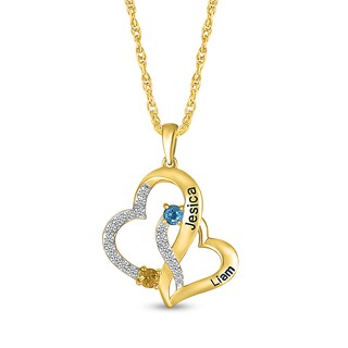 Simulated Gemstone and Lab-Created Sapphire Hearts Pendant in Sterling Silver with 14K Gold Plate (2 Stones and Lines)