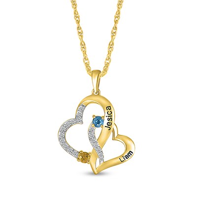 Simulated Gemstone and Lab-Created Sapphire Hearts Pendant in Sterling Silver with 14K Gold Plate (2 Stones and Lines)
