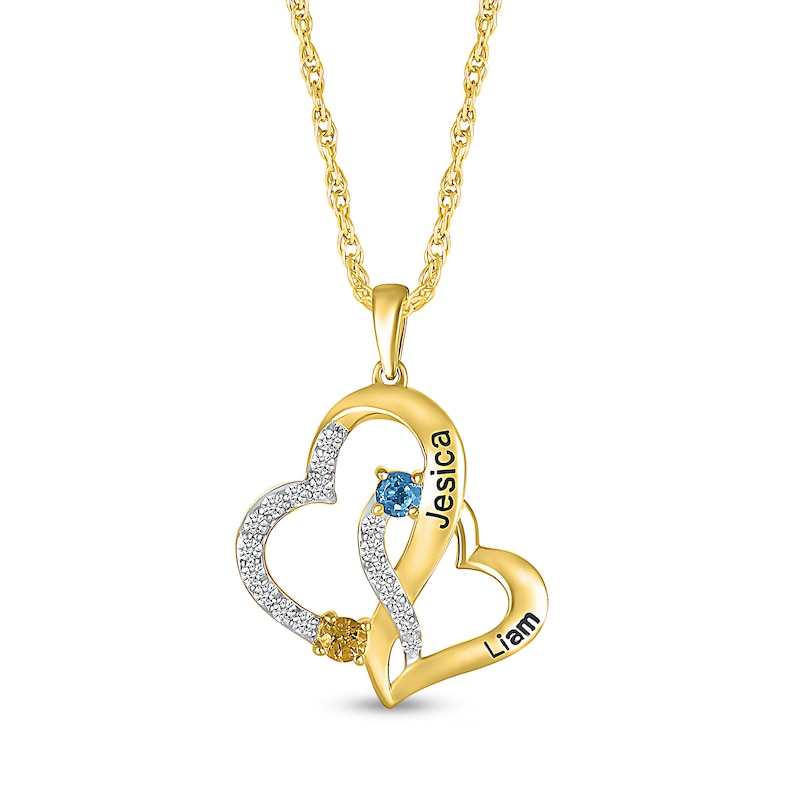 Simulated Gemstone and Lab-Created Sapphire Hearts Pendant in Sterling Silver with 14K Gold Plate (2 Stones and Lines)