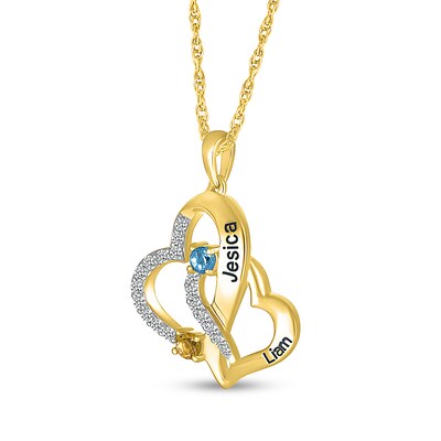Simulated Gemstone and Lab-Created Sapphire Hearts Pendant in Sterling Silver with 14K Gold Plate (2 Stones and Lines)