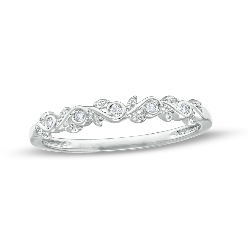 Main Image 1 of 0.04 CT. T.W. Diamond Five Stone Leaf Vine Stackable Anniversary Band in 10K White Gold